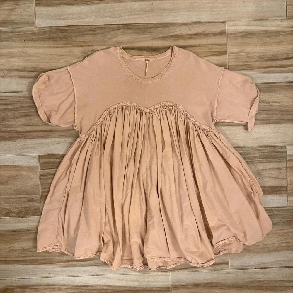 Free People Catalina Babydoll Mini Dress Pink Tee Shirt Flowy Oversized Size M